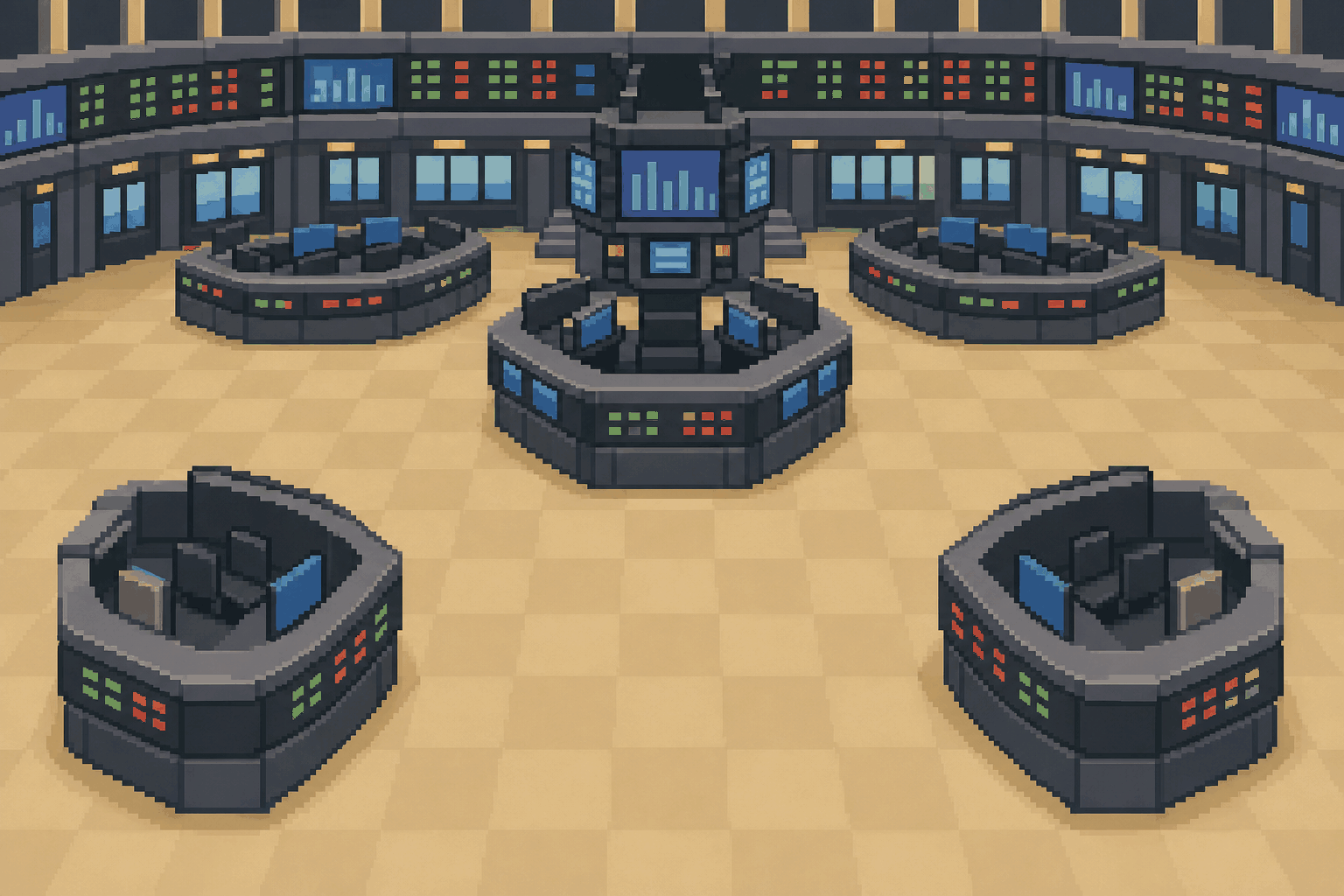 Pixel art trading floor with desks, terminals, and market screens
