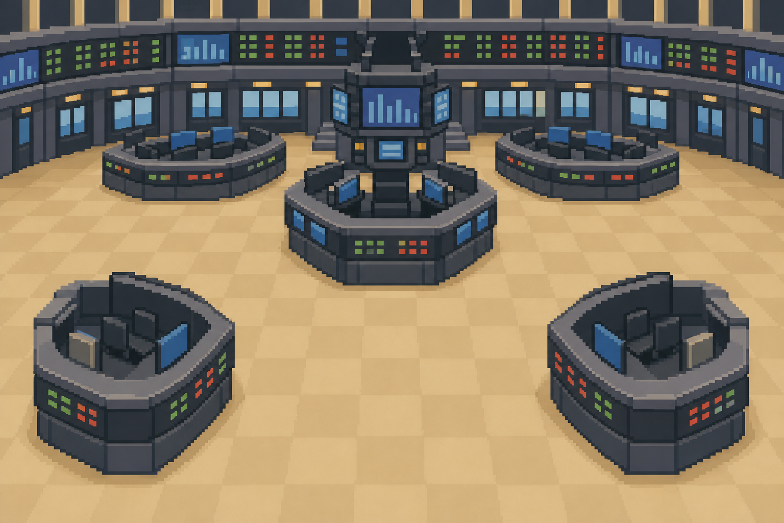 Pixel art trading floor with desks, terminals, and market screens